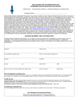 Disclosure and Authorization for Consumer and Investigative Report
