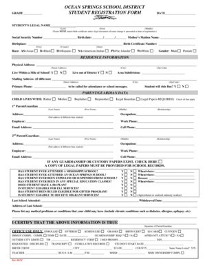 Ocean Springs School District Student Registration Form