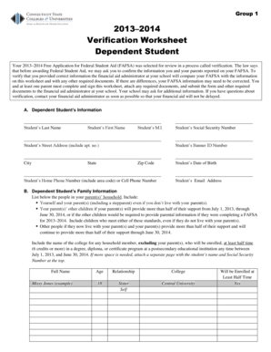 2013–2014 Verification Worksheet Dependent Student