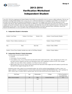 2013–2014 Verification Worksheet for Independent Student