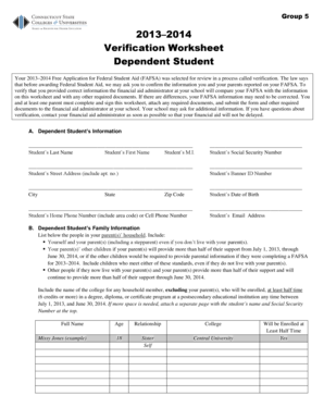 2013–2014 Verification Worksheet for Dependent Student