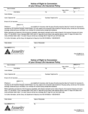Notice of Right to Conversion of Group Life Insurance Policy