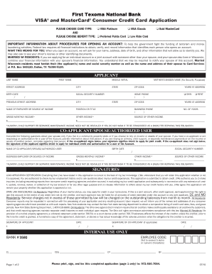 VISA and MasterCard Consumer Credit Card Application