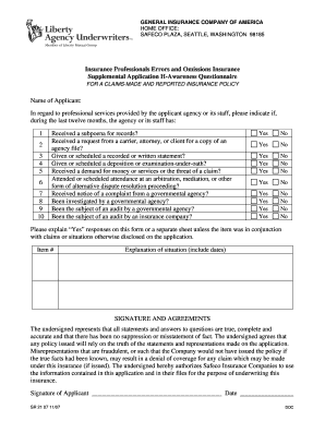Insurance Professionals Errors and Omissions Supplemental Application