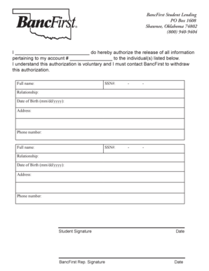 BancFirst Student Lending Authorization Form