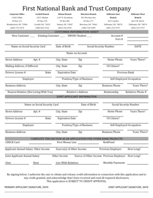 First National Bank Customer Information Sheet