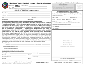 Northern Youth Football League Registration Card