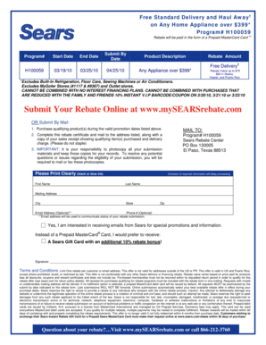 Sears Appliance Delivery Rebate Form