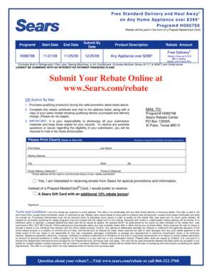 Sears Appliance Delivery Rebate Form