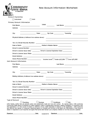 New Account Information Worksheet