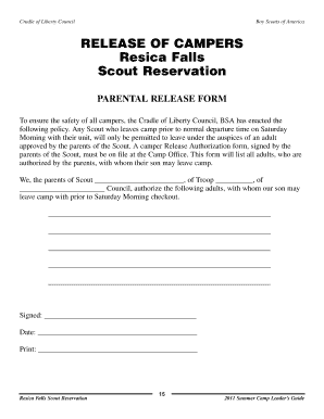 Boy Scouts of America Parental Release Form