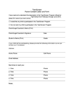 TeenScreen Parent Consent Letter and Form