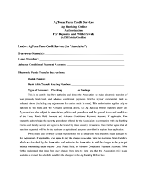 AgTexas Farm Credit Services Authorization for Deposits and Withdrawals