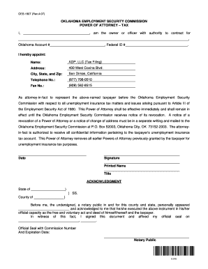 Oklahoma Power of Attorney for Unemployment Insurance Tax