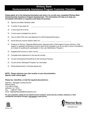 Whitney Bank Homeownership Assistance Program Checklist