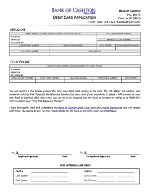 Bank of Cashton Debit Card Application