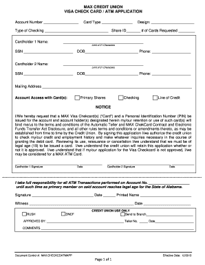 MAX Credit Union Visa Check Card ATM Application