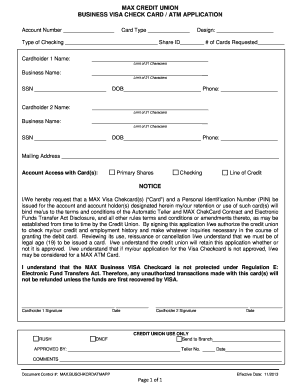 MAX Credit Union Business Visa Check Card ATM Application