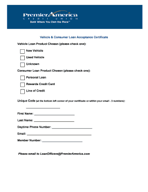Vehicle & Consumer Loan Acceptance Certificate