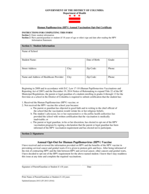 Human Papillomavirus (HPV) Annual Vaccination Opt-Out Certificate