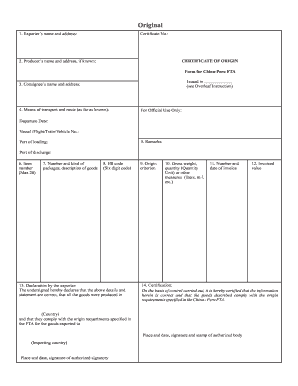 China-Peru FTA Certificate of Origin