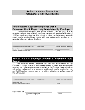 Authorization and Consent for Consumer Credit Investigation