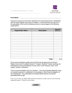 Donor Advised Fund Recommendation Form