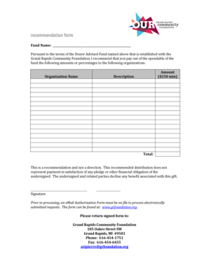 Donor Advised Fund Recommendation Form