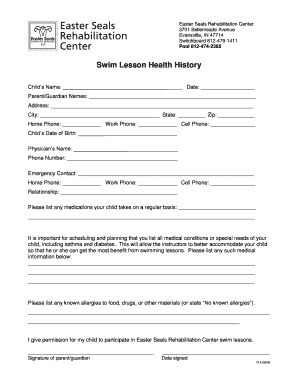 Swim Lesson Health History Form
