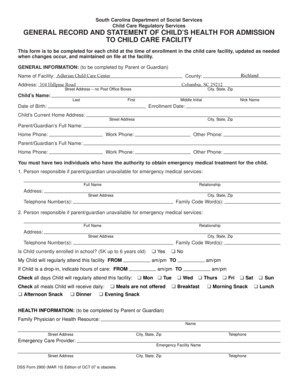 Child Care Health Form