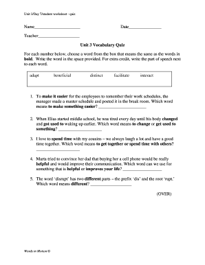Unit 3 Day 7 Student Worksheet - Vocabulary Quiz