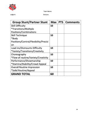 Cheerleading Routine Judging Score Sheet