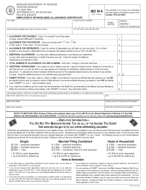 Missouri Employee Withholding Allowance Certificate