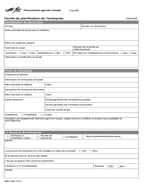 Feuille de planification de l'entreprise