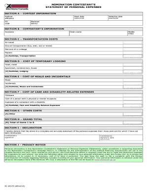 Nomination Contestant's Statement of Personal Expenses