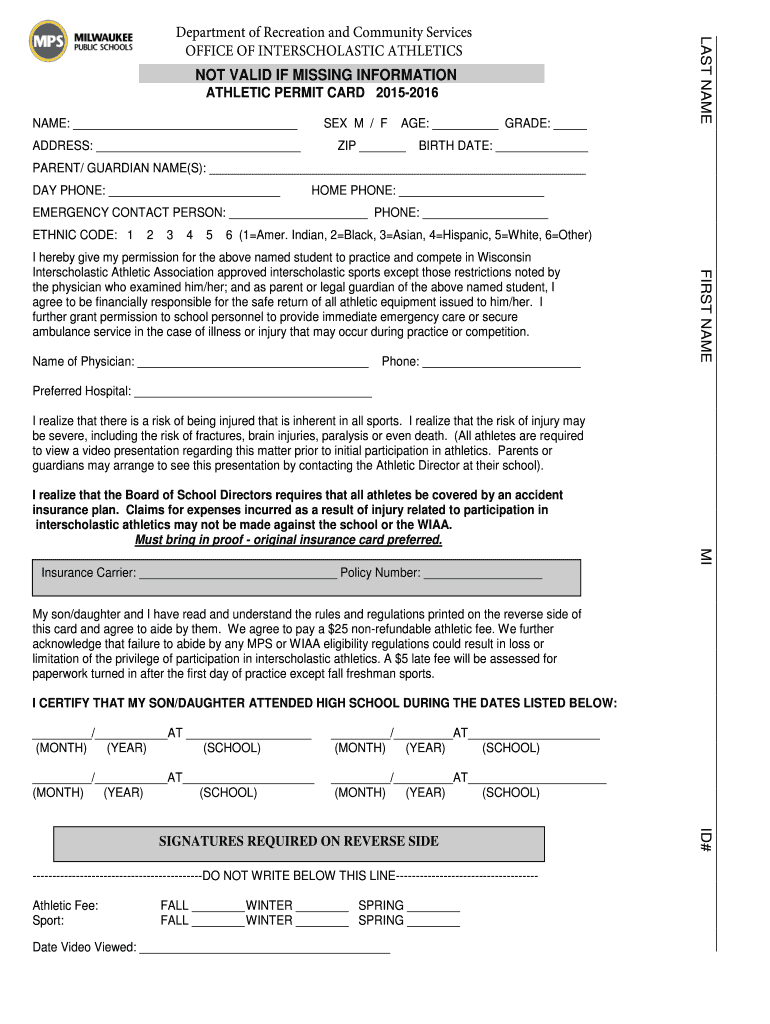 Fillable Online Athlete bPermitb Card Milwaukee Public Schools Fax