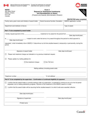 NSERC Form 2 Request for Subsequent Instalments