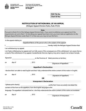 Notification of Withdrawal of an Appeal