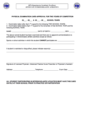 Physical Examination Card for Student Athletes
