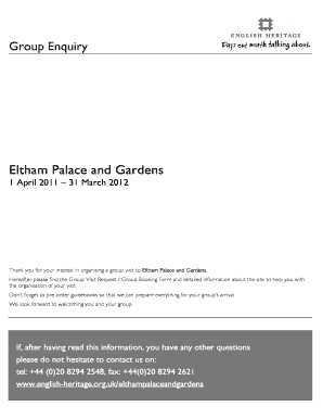 Eltham Palace and Gardens Group Visit Booking Form