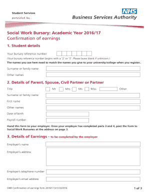 Social Work Bursary Confirmation of Earnings Form