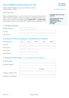 NHS Student Bursary Confirmation of Pay Form PSM60