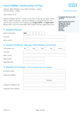 NHS Student Bursary Confirmation of Pay Form PSM60