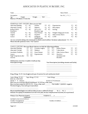 Plastic Surgery Medical History Form