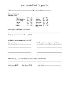 Plastic Surgery Medical History Form