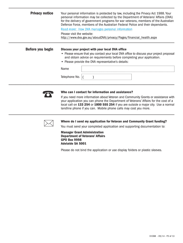 D1098 Application for Veteran Communnity Grants VCG - dva gov Preview on Page 1