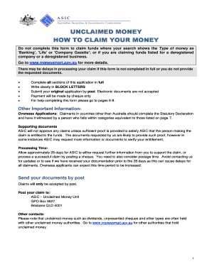 Australian Unclaimed Money Claim Form