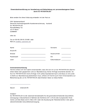 Einverständniserklärung zur Verarbeitung und Weiterleitung von personenbezogenen Daten durch EU-PATIENTEN.DE