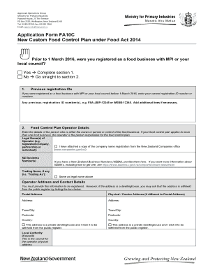 New Custom Food Control Plan Application Form FA10C