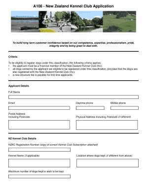 New Zealand Kennel Club Dog Registration Application